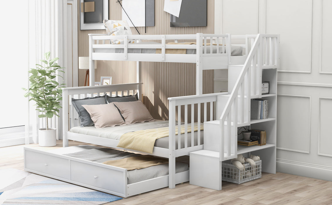 Stairway Twin Over Full Bunk Bed With Twin Size Trundle, Storage And Guard Rail For Bedroom, Dorm For Adults - White