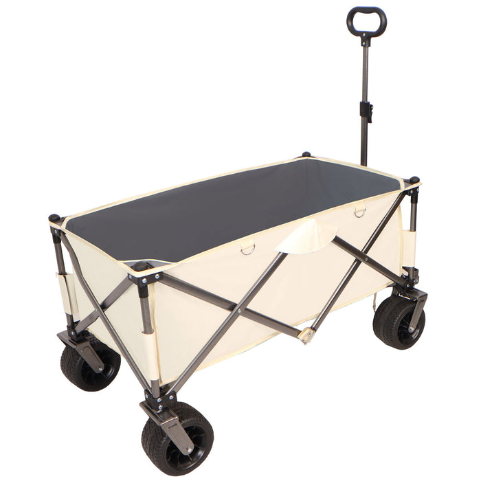 Folding Wagon, Heavy Duty Utility Beach Wagon Cart For Sand With Big Wheels, Adjustable Handle & Drink Holders For Shopping, Camping, Garden And Outdoor - Antique White / Gray