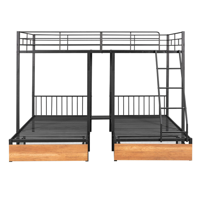 Kids Furniture - Bunk Bed, Metal Triple Bunk Bed With Drawers And Guardrails