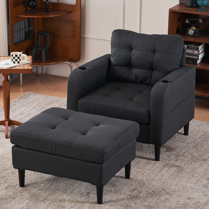 Upholstered Armchair And Storage Ottoman Set, Comfortable Single Sofa With Cup Holders And Tufted Detailing, Ideal For Living Room Or Bedroom - Dark Gray