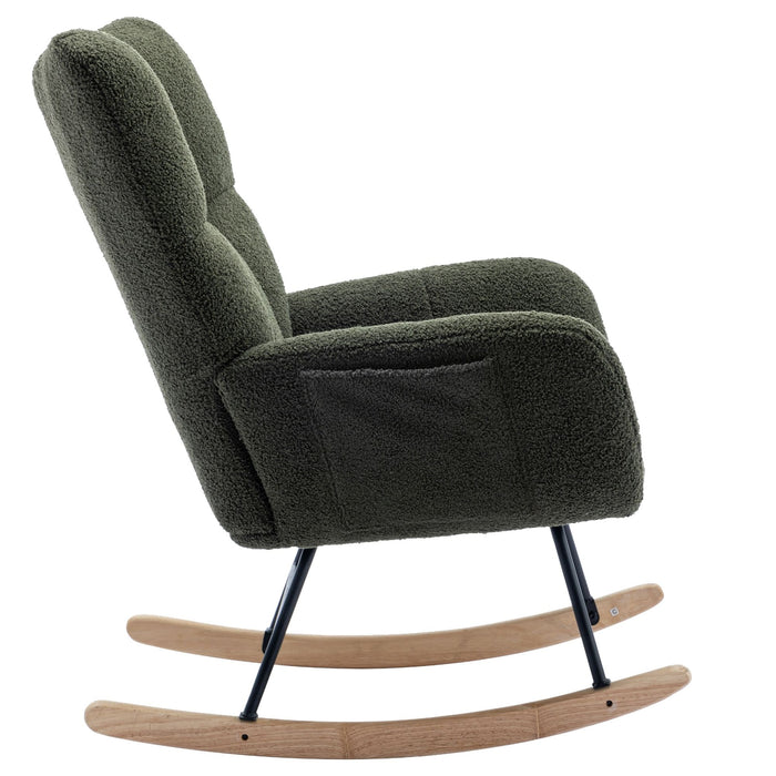 30.3" Rocking Chair With Pocket, Soft Teddy Fabric Rocking Chair For Nursery, Comfy Wingback Glider Rocker With Safe Solid Wood Base For Living Room Bedroom Balcony - Dark Green