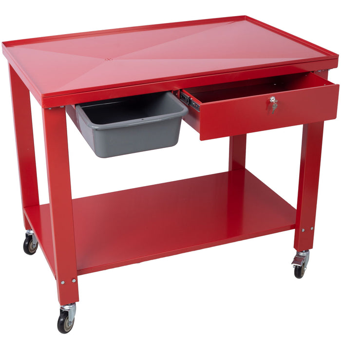 Transmission Teardown Work Station 1 / 2 Ton Capacity Sloping Drain Table Locking Drawer Removable Drain Basin Full-Width Lower Shelf Four 4" Caster Wheels