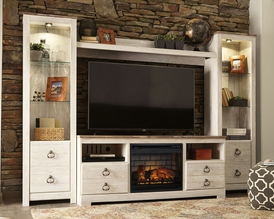 Willowton - Whitewash - Entertainment Center - TV Stand With Faux Firebrick Fireplace Insert