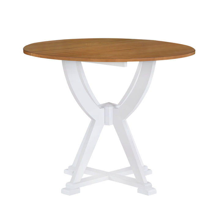 Conjunto de mesa de jantar redonda de 5 peças de meados do século com pernas de cavalete e 4 cadeiras de jantar com encosto cruzado, carvalho antigo + branco