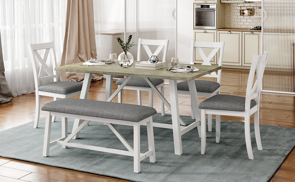 Conjunto de mesa de jantar de 6 peças, estilo rústico, branco + cinza - FRETE GRÁTIS