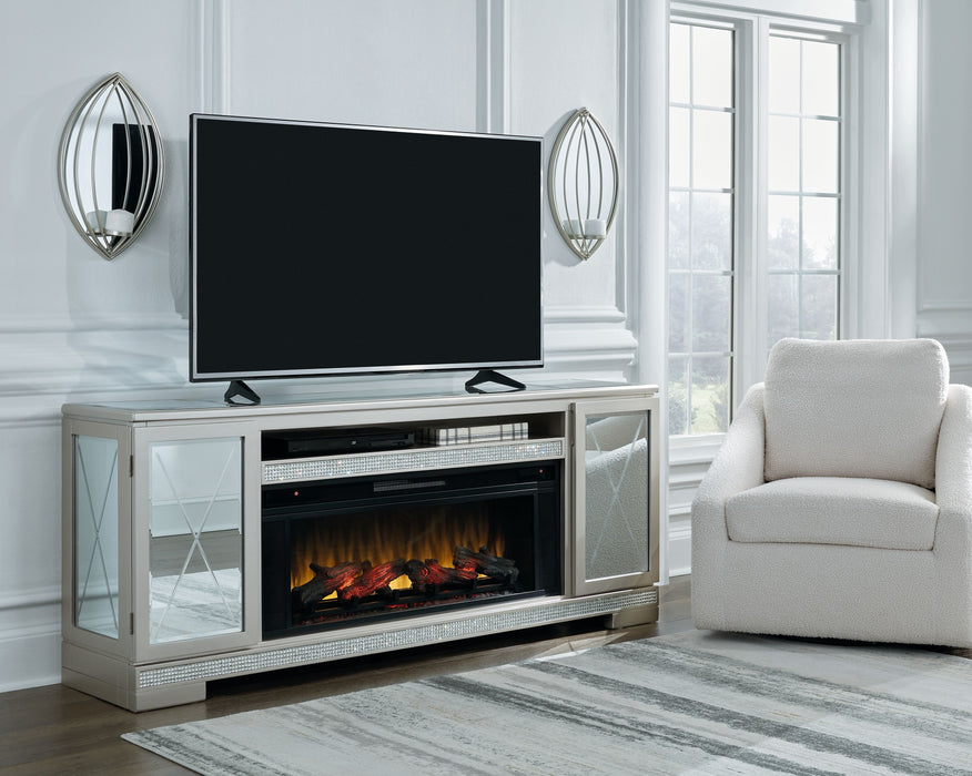 Flamory - Plata - Mueble para TV de 72" con inserto eléctrico para chimenea por infrarrojos