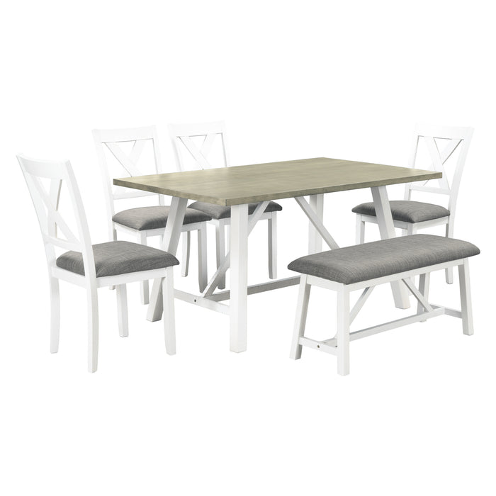 Juego de mesa de comedor de 6 piezas, estilo rústico, blanco + gris -ENVÍO GRATIS