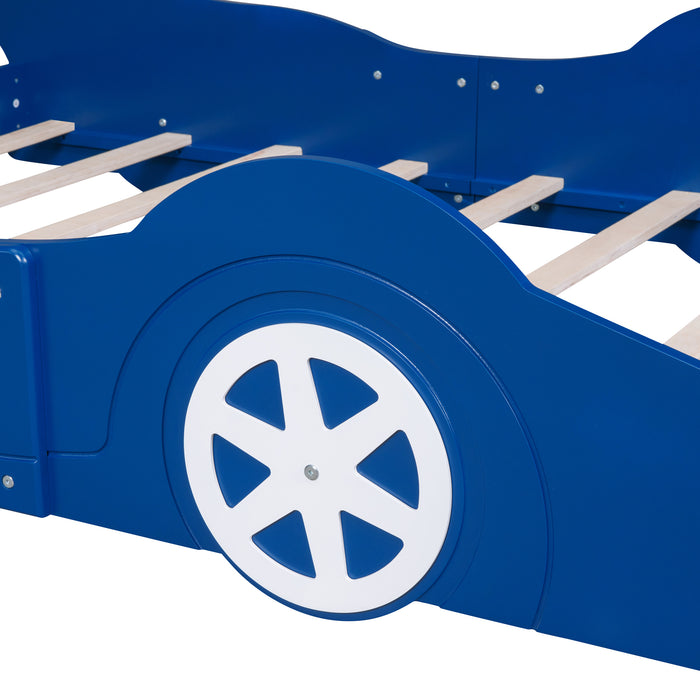 Cama con plataforma en forma de coche de carreras de tamaño completo con ruedas, azul