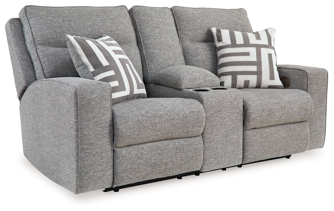 Biscoe - Pewter - Loveseat reclinável elétrico com console / encosto de cabeça ajustável