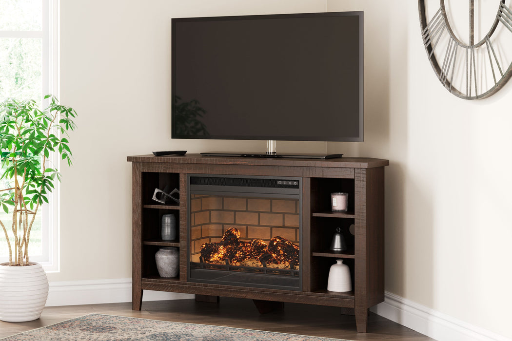 Camiburg - Warm Brown - Mueble esquinero para TV con inserto para chimenea de ladrillo refractario sintético