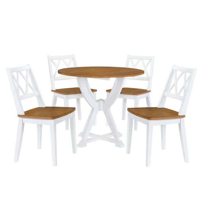 Juego de mesa de comedor redonda Mid-Century de 5 piezas con patas de caballete y 4 sillas de comedor con respaldo cruzado, roble antiguo+blanco