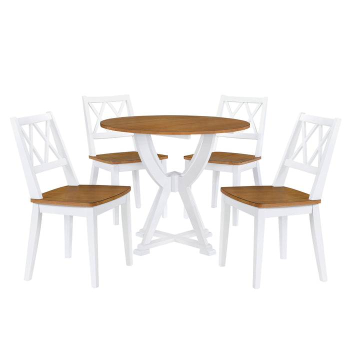 Conjunto de mesa de jantar redonda de 5 peças de meados do século com pernas de cavalete e 4 cadeiras de jantar com encosto cruzado, carvalho antigo + branco