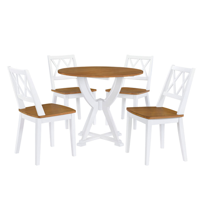 Juego de mesa de comedor redonda Mid-Century de 5 piezas con patas de caballete y 4 sillas de comedor con respaldo cruzado, roble antiguo+blanco