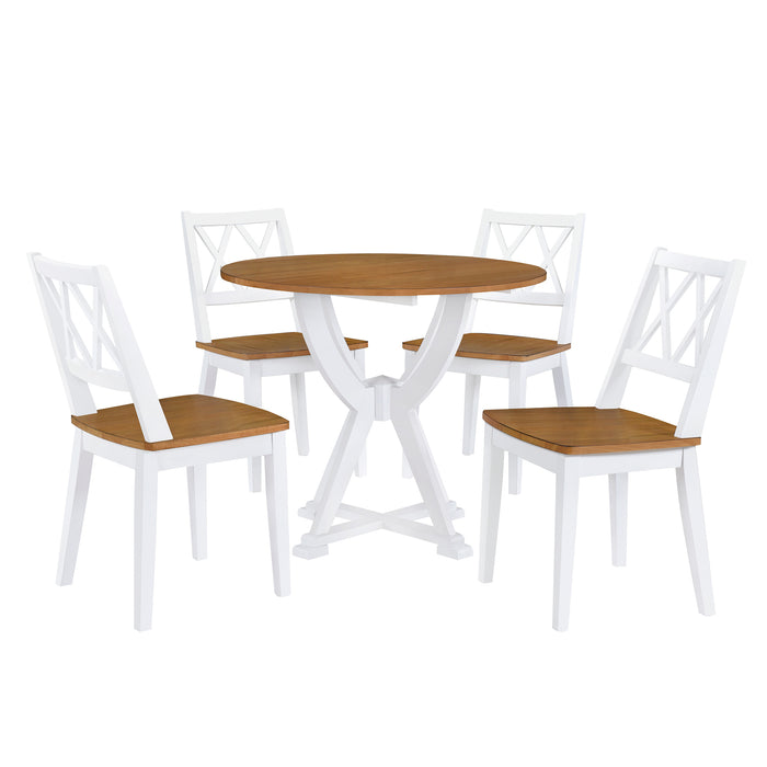 Conjunto de mesa de jantar redonda de 5 peças de meados do século com pernas de cavalete e 4 cadeiras de jantar com encosto cruzado, carvalho antigo + branco