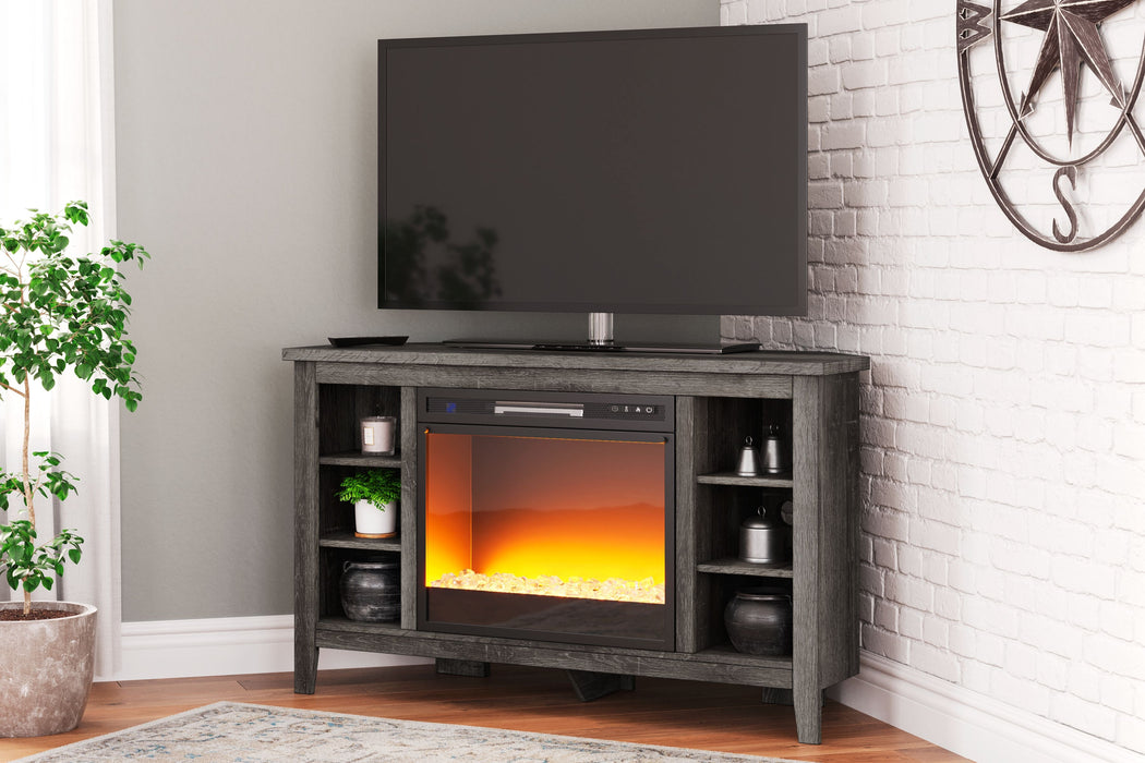 Arlenbry - Gris - Mueble esquinero para TV con inserto para chimenea de cristal/piedra