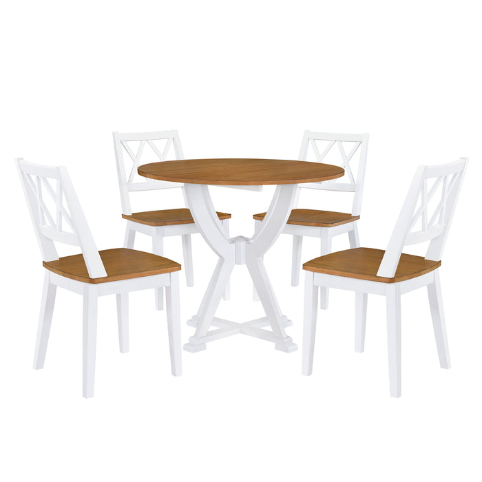 Conjunto de mesa de jantar redonda de 5 peças de meados do século com pernas de cavalete e 4 cadeiras de jantar com encosto cruzado, carvalho antigo + branco