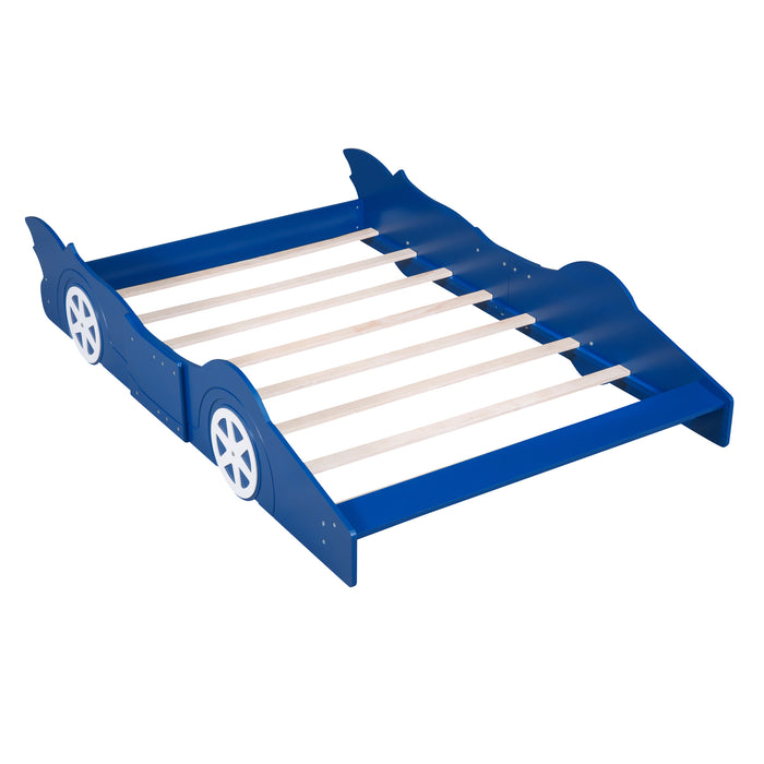 Cama de plataforma em formato de carro de corrida em tamanho real com rodas, azul