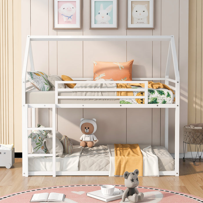 Twin over Twin House Bunk Bed with Built-in Ladder,White