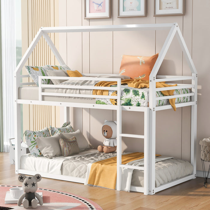 Litera con dos camas individuales y dos camas individuales con escalera incorporada, color blanco