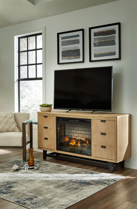 Freslowe - Marrón claro / Negro - Mueble para TV con inserto eléctrico para chimenea por infrarrojos