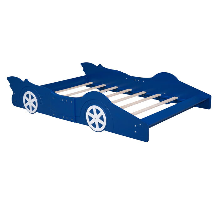 Cama con plataforma en forma de coche de carreras de tamaño completo con ruedas, azul