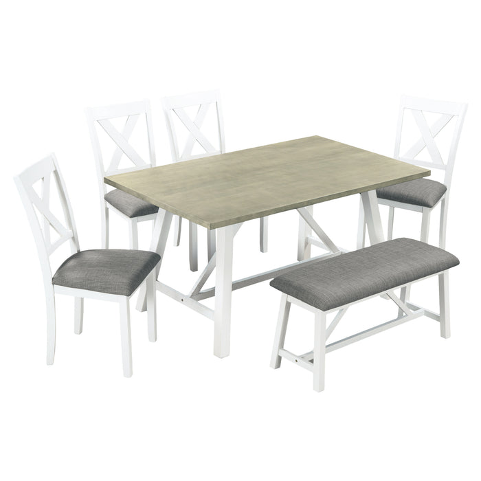 Conjunto de mesa de jantar de 6 peças, estilo rústico, branco + cinza - FRETE GRÁTIS