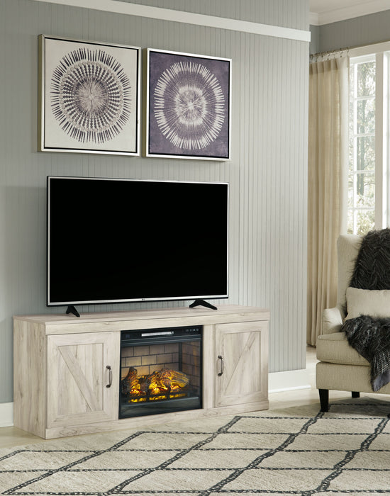 Bellaby - Whitewash - Mueble para TV con inserto de chimenea de ladrillo refractario sintético