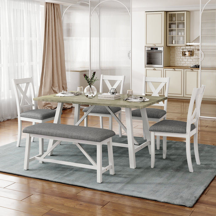6 Piece Dining Table Set, Rustic Style, White + Gray -FREE SHIPPING