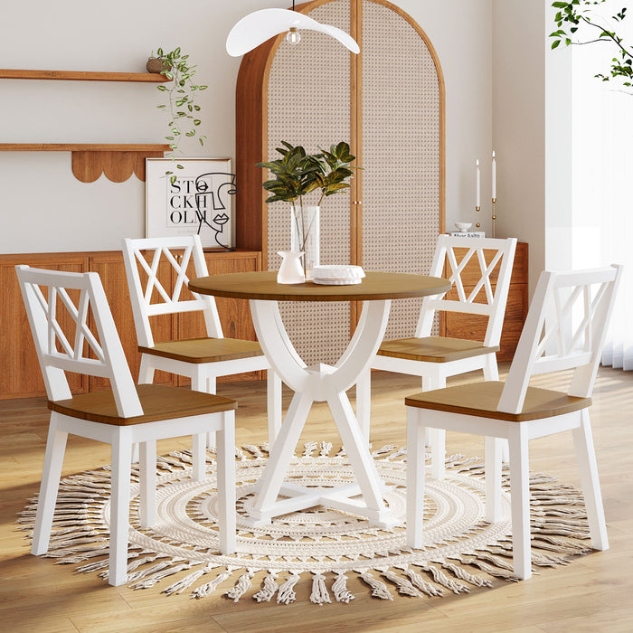 Mid-Century 5-Piece Round Dining Table Set with Trestle Legs and 4 Cross Back Dining Chairs, Antique Oak+White