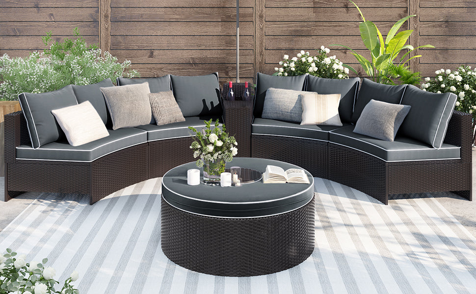 Conjunto de sofá de vime seccional meio redondo para pátio externo de 6 peças, marrom + cinza