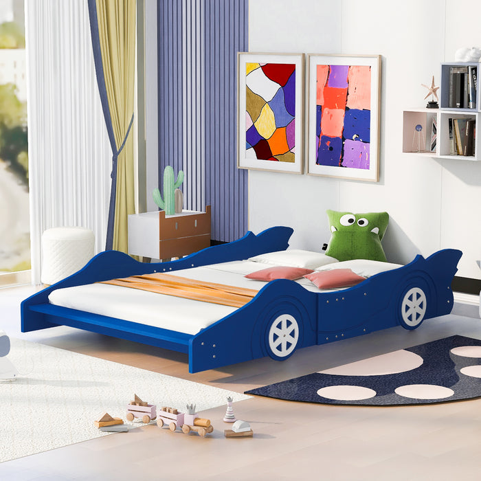 Cama de plataforma em formato de carro de corrida em tamanho real com rodas, azul