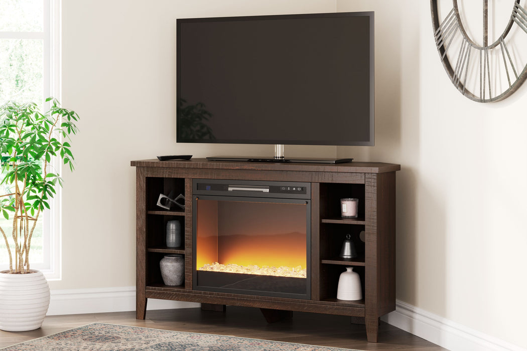 Camiburg - Warm Brown - Mueble TV esquinero con inserto para chimenea Vidrio/Piedra