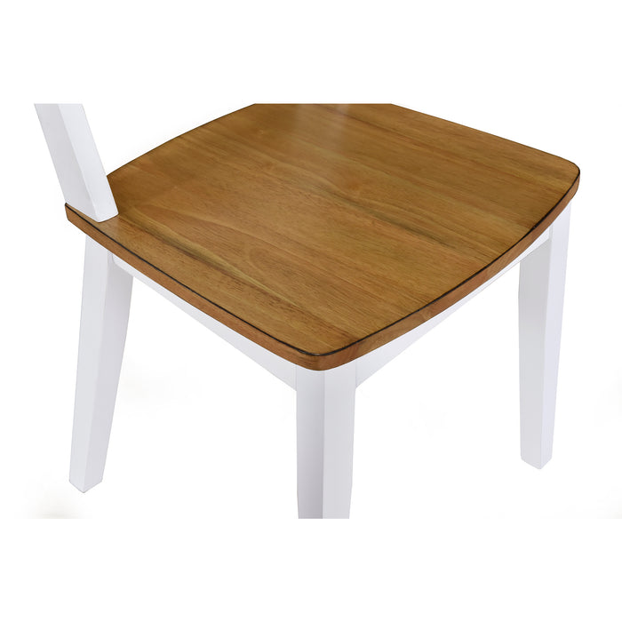 Conjunto de mesa de jantar redonda de 5 peças de meados do século com pernas de cavalete e 4 cadeiras de jantar com encosto cruzado, carvalho antigo + branco