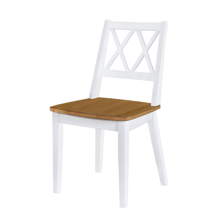 Conjunto de mesa de jantar redonda de 5 peças de meados do século com pernas de cavalete e 4 cadeiras de jantar com encosto cruzado, carvalho antigo + branco