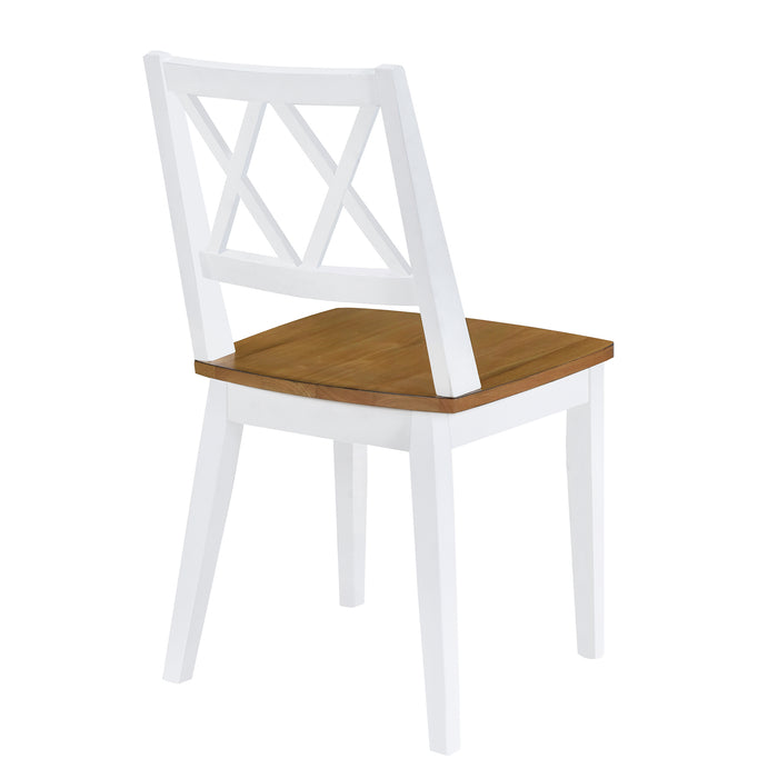 Conjunto de mesa de jantar redonda de 5 peças de meados do século com pernas de cavalete e 4 cadeiras de jantar com encosto cruzado, carvalho antigo + branco