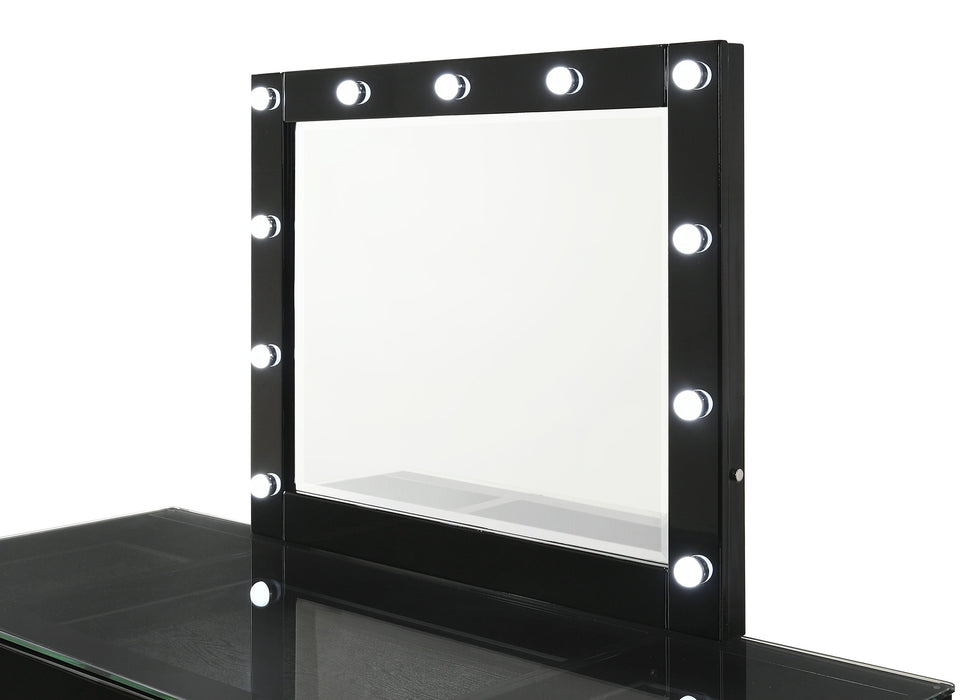 Avery - Tocador con tapa de cristal, espejo LED y taburete - Negro