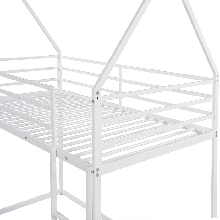Litera con dos camas individuales y dos camas individuales con escalera incorporada, color blanco