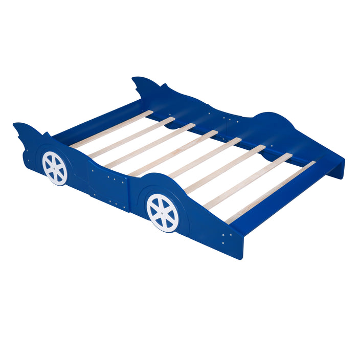 Cama con plataforma en forma de coche de carreras de tamaño completo con ruedas, azul