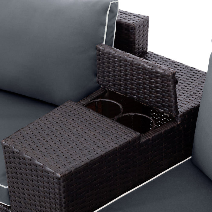 Conjunto de sofá de vime seccional meio redondo para pátio externo de 6 peças, marrom + cinza