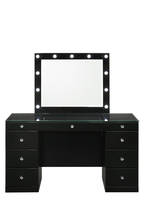 Avery - Tocador con tapa de cristal, espejo LED y taburete - Negro